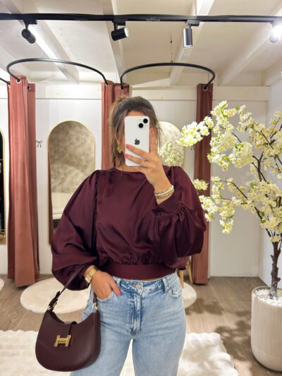 Satin Bow Blouse- Burgundy